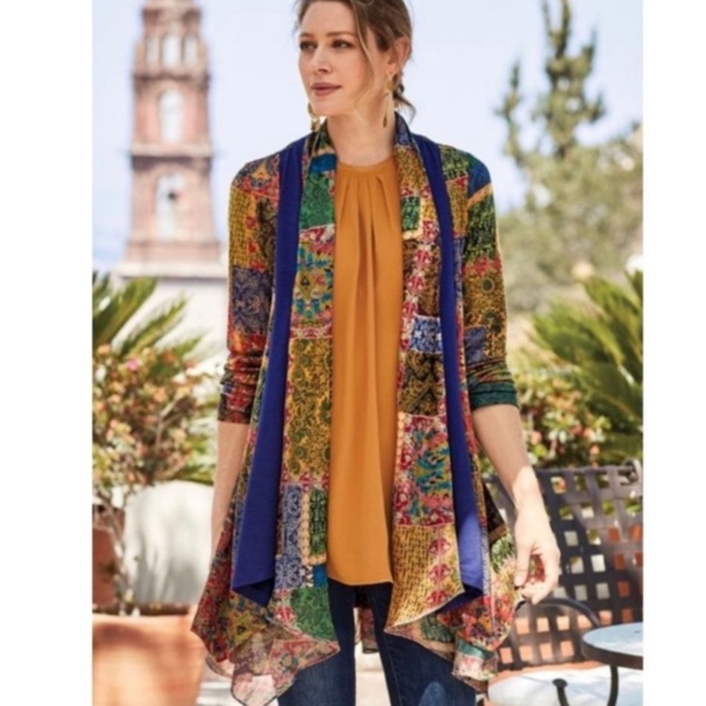 Soft Surroundings Izmir topper Cardigan M Open front Cascade Waterfall Patchwork - Picture 2 of 16